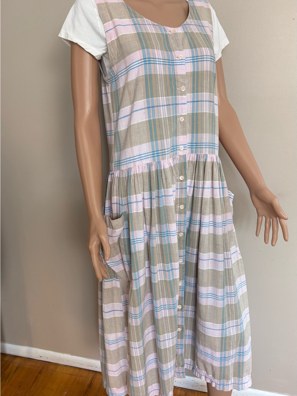 VINTAGE 80's SUGAR CO. LTD Pink Beige Blue PLAIN Cottage JUMPER Midi Dress - Picture 5 of 7